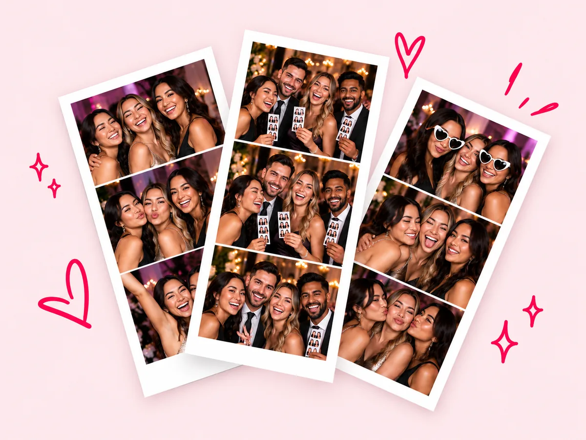 Three photo booth strips of smiling guests with pink doodles