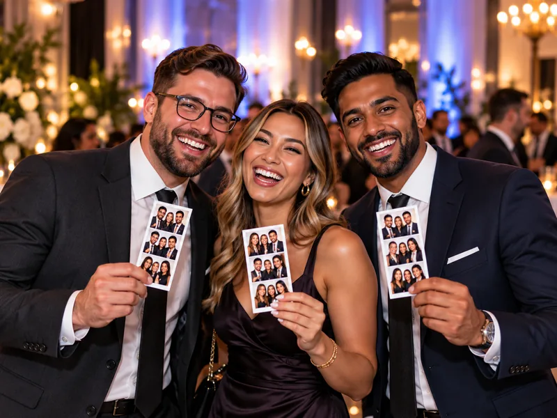 Three colleagues holding photo booth strips at a corporate evening event