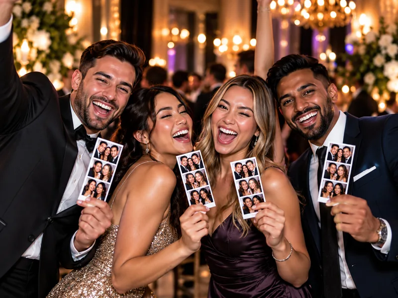 Guests laughing with photo strips at a milestone birthday at an elegant event venue in Woodbridge, Vaughan