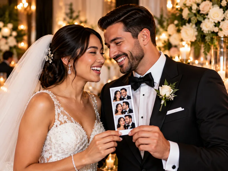 Bride and groom laughing and holding a photo booth strip