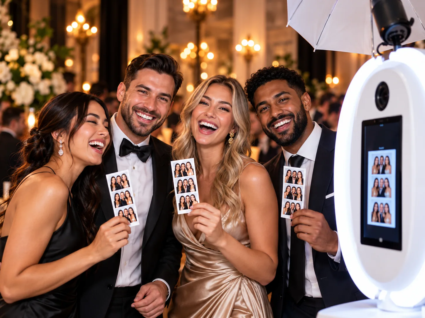 Guests in evening wear laughing over photo booth strips beside a white photo booth