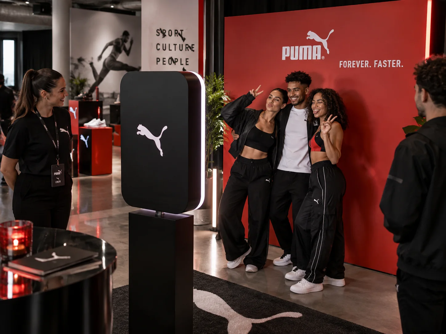 Guests posing in front of a branded backdrop beside a branded photo booth at a sportswear launch, with an event host looking on