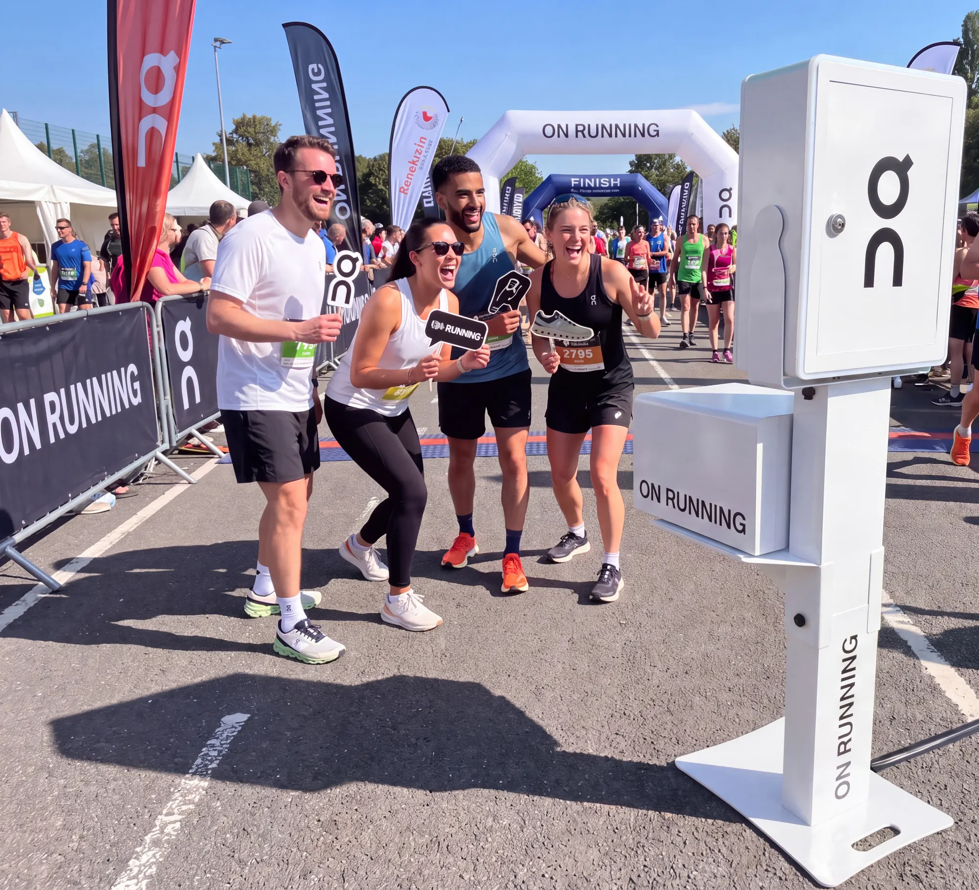 Guests at a race day brand activation photo booth in Toronto