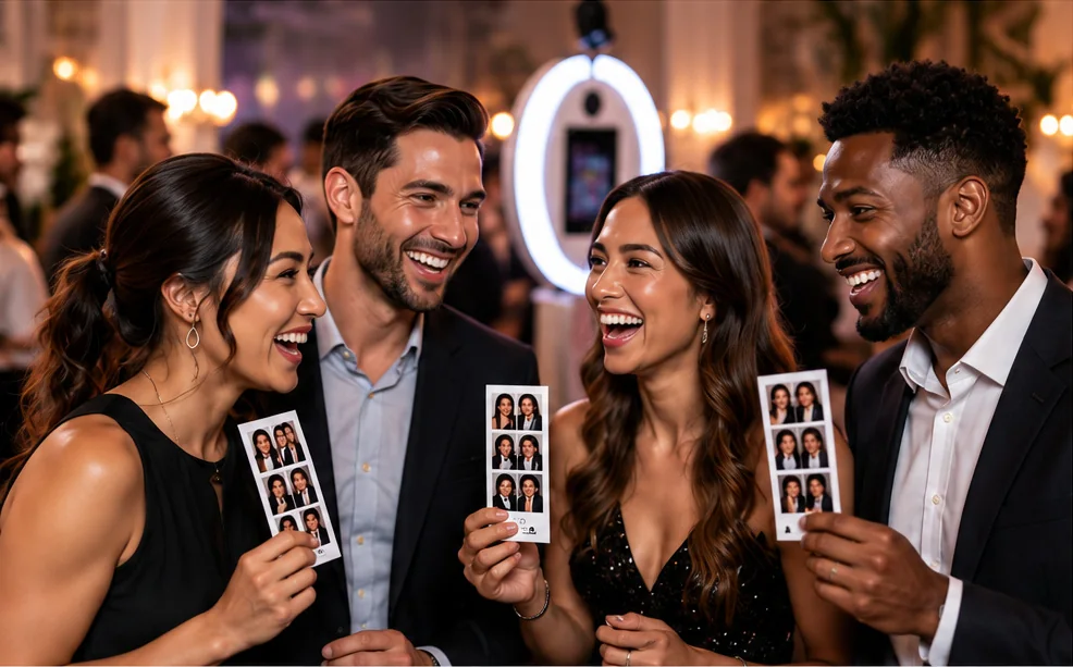 Friends laughing and holding photo booth strips at an evening event