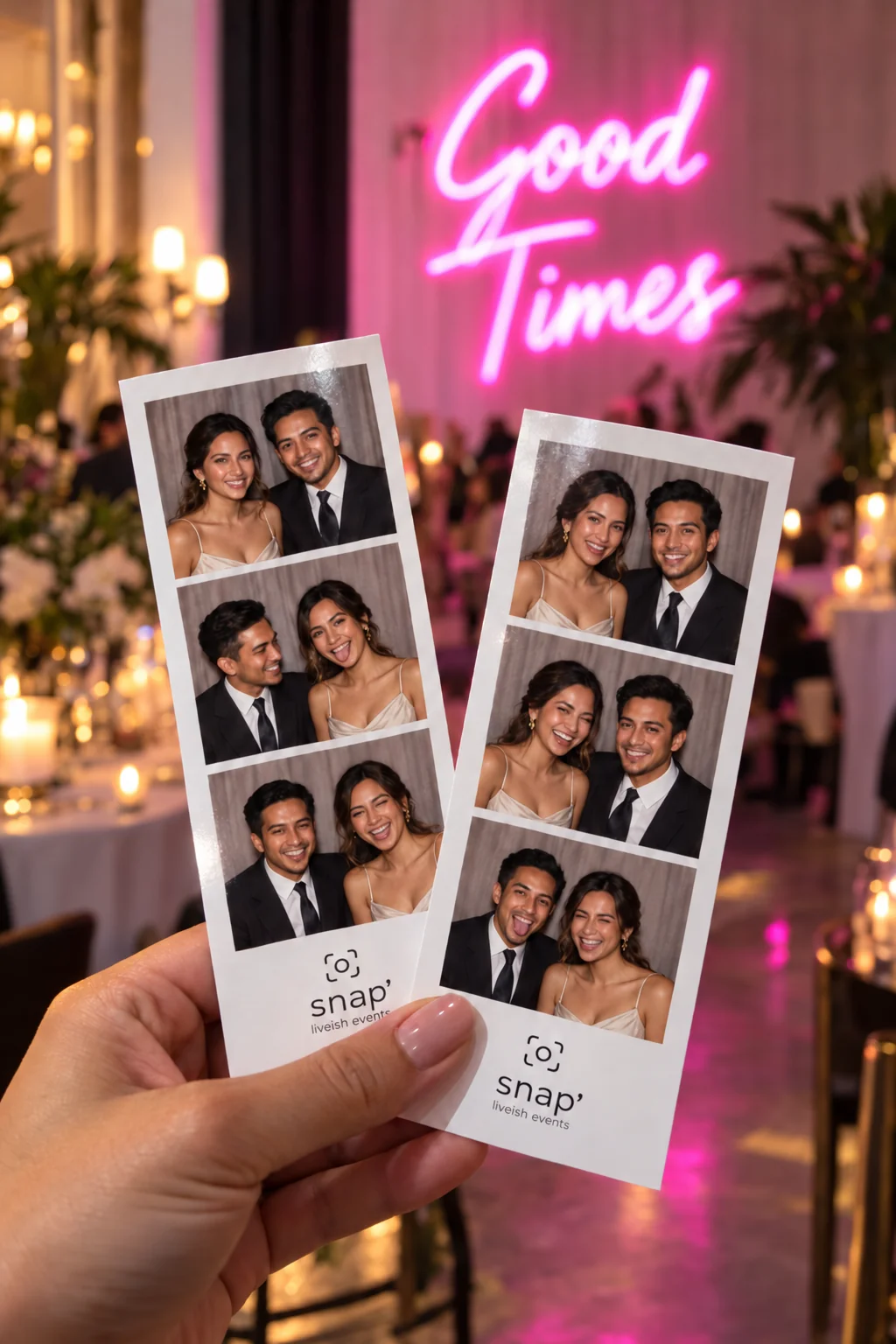 Hand holding two Snap Booth Events photo strips of a couple under a pink Good Times neon sign
