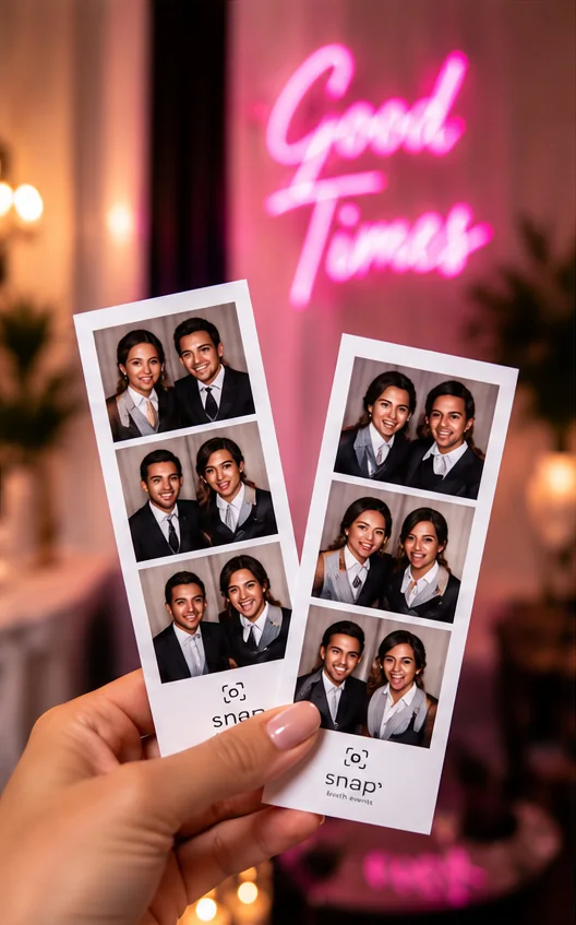 Hand holding photo booth strips under a pink Good Times neon sign