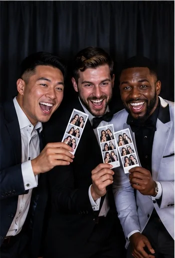 Three colleagues in suits laughing and holding photo booth strips at a corporate event