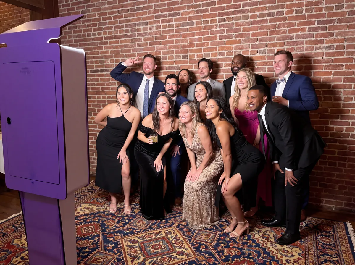 Large group of guests posing at a corporate event photo booth