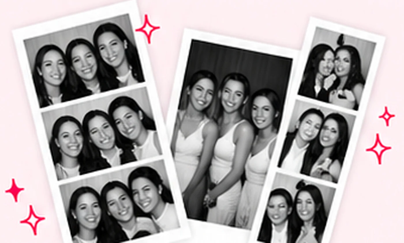 Black-and-white photo booth strips of friends smiling, with pink sparkles