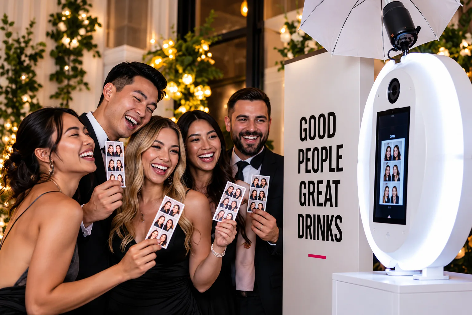 Guests laughing with photo strips beside a white photo booth and a Good People Great Drinks sign