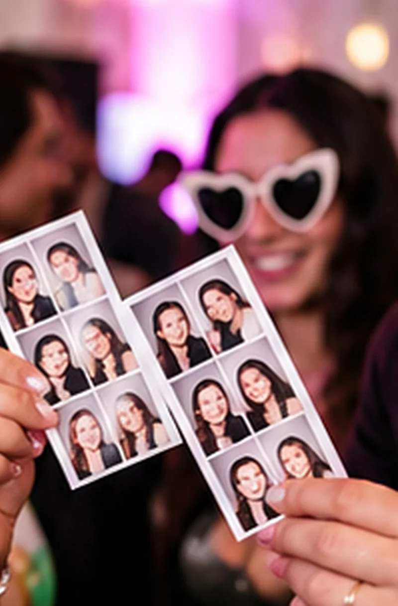 Guest in heart-shaped sunglasses holding two printed photo booth strips