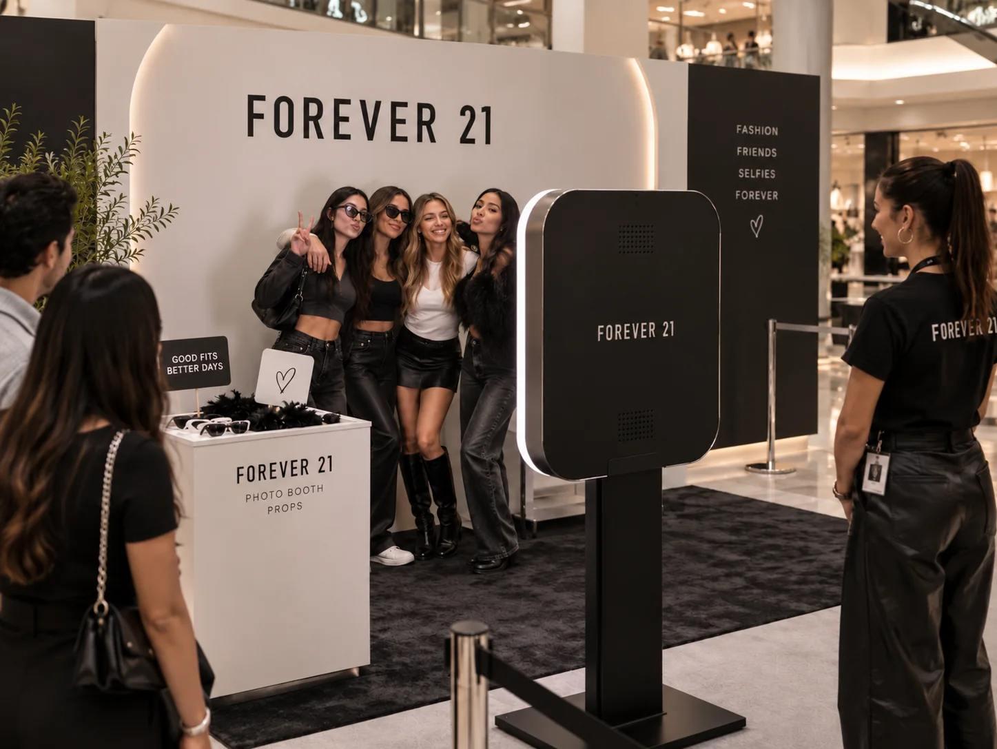 Forever 21 mall photo booth celebration: friends posing at a branded photo booth with a host and props table