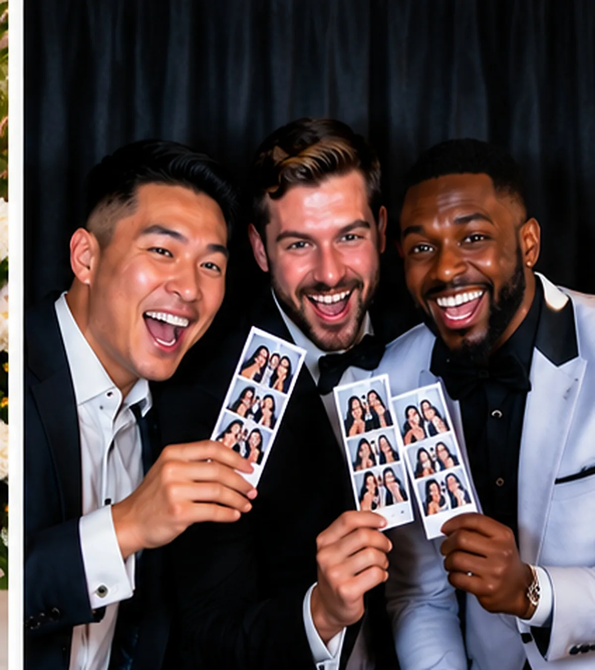 Colleagues at a corporate event photo booth