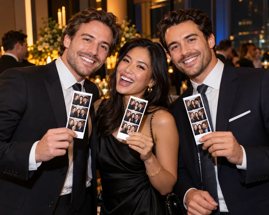 Three guests in formal wear holding photo booth strips at a corporate evening event