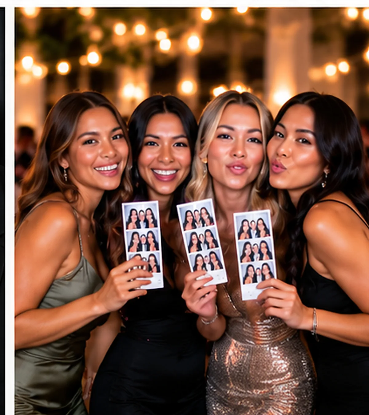 Friends laughing over photo booth prints at an evening party