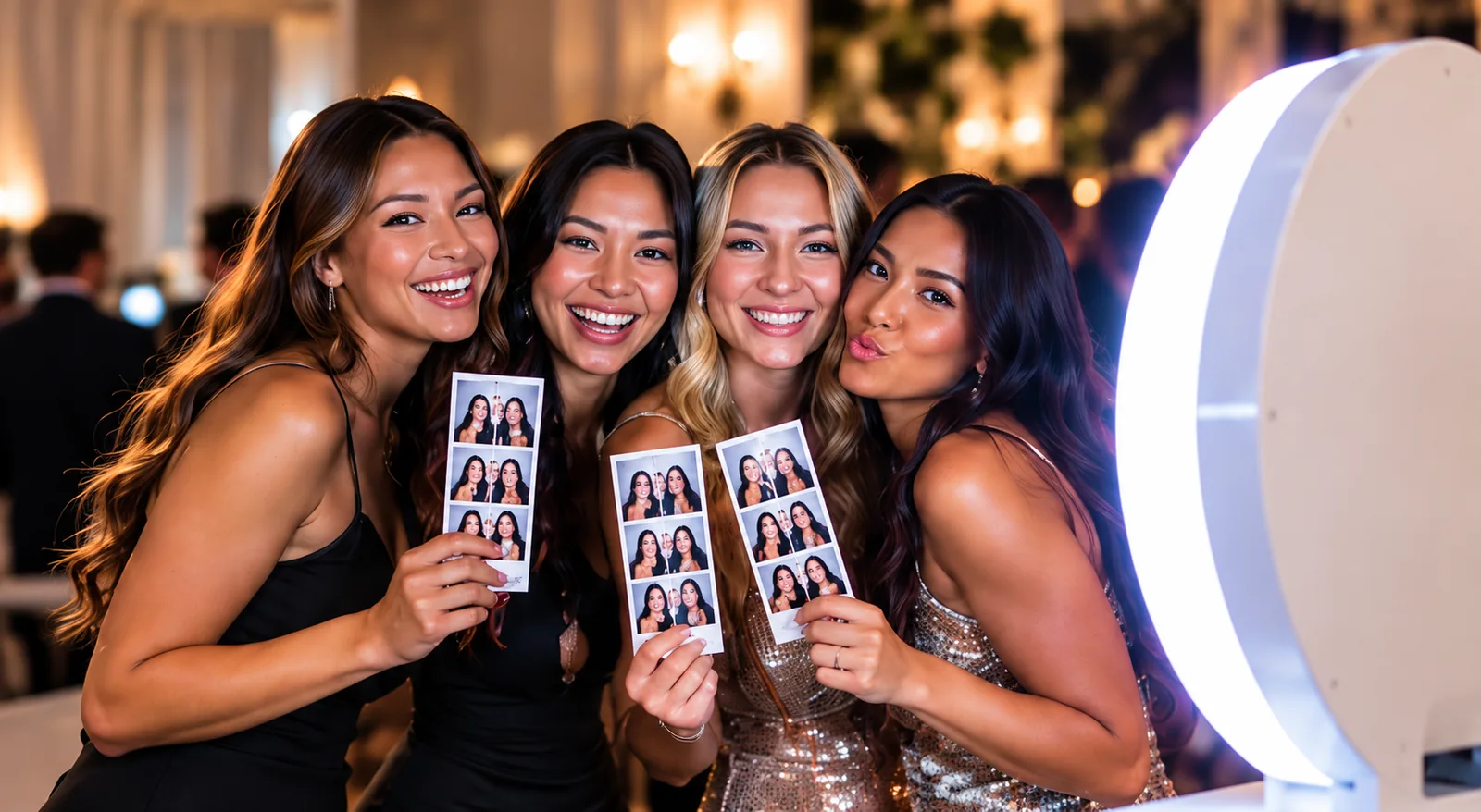 Four friends smiling and holding photo booth strips beside a white ring-light booth