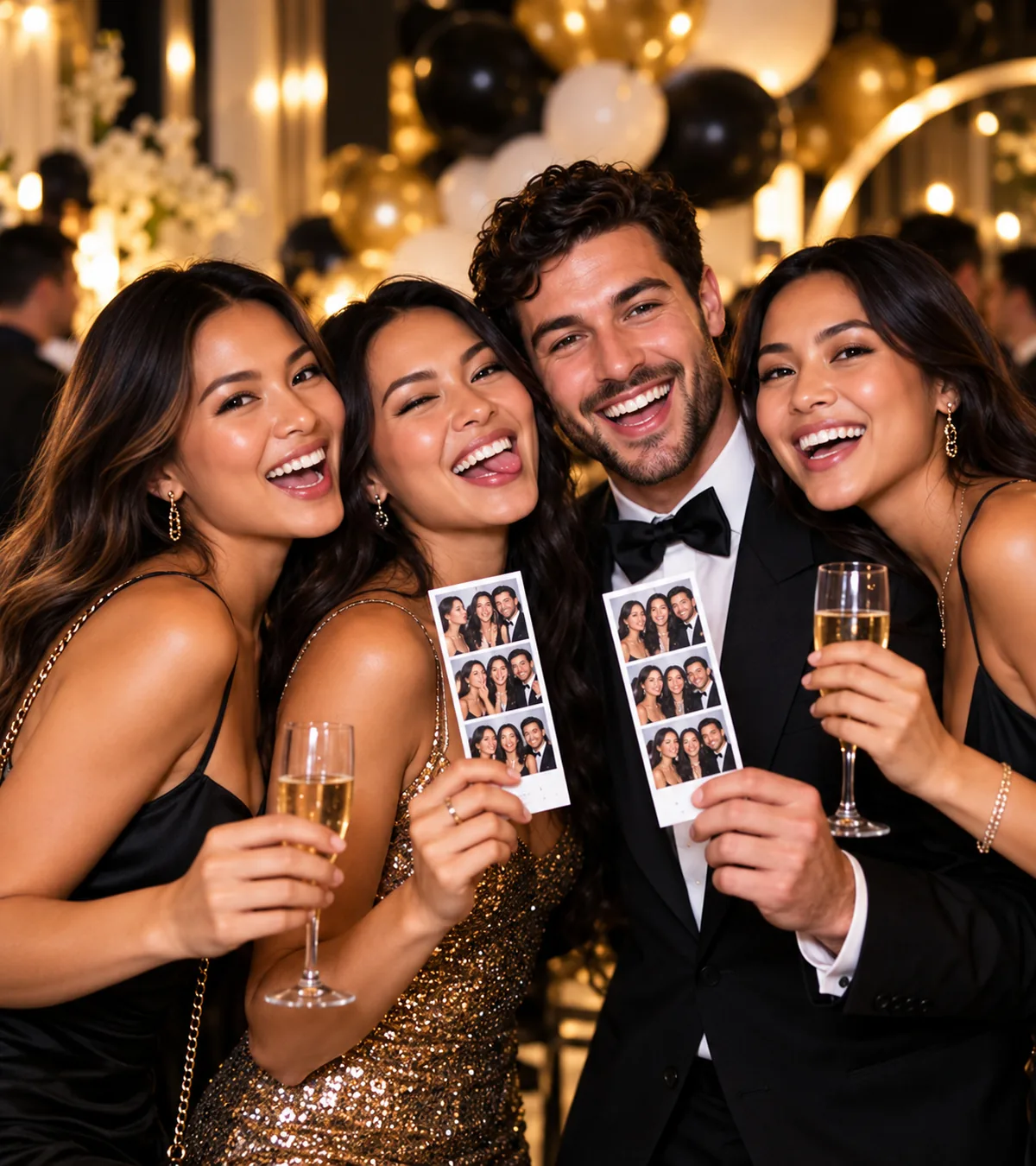Friends laughing with photo strips and champagne at a private birthday party on King Street West, Toronto