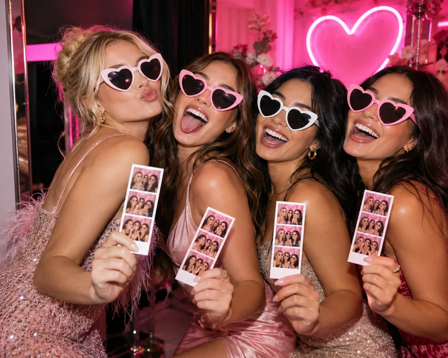 Four friends in heart-shaped sunglasses holding photo strips under a pink neon heart