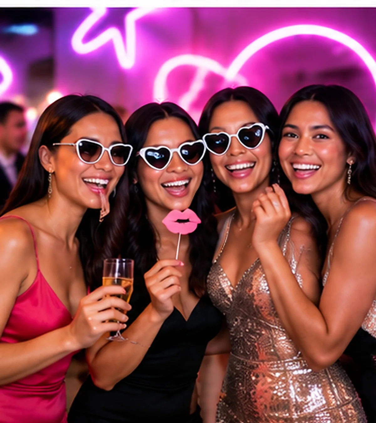 Guests with neon props at a party photo booth