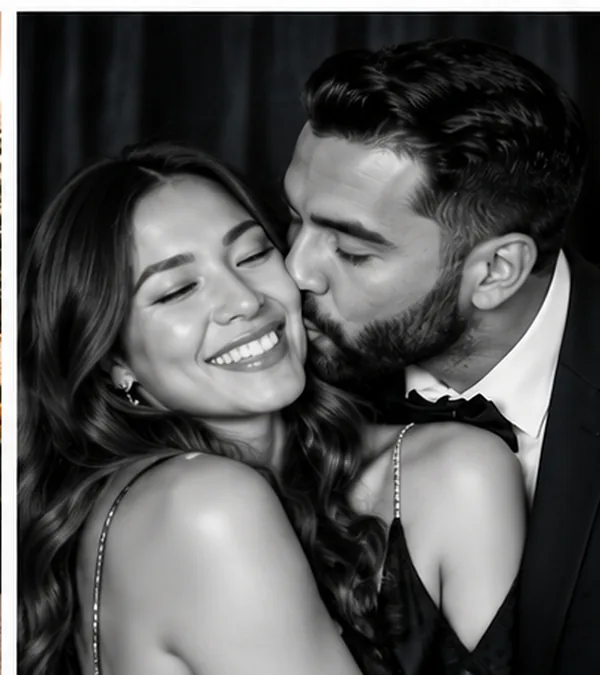 Black-and-white glam photo booth portrait of a couple sharing a kiss