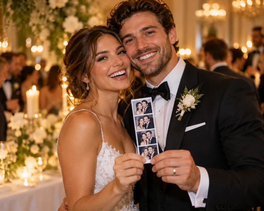 Bride and groom smiling and holding a photo booth strip at their wedding reception