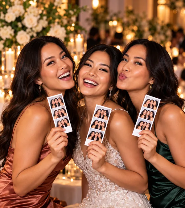 Wedding guests holding photo booth prints in front of white florals