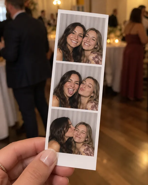 Hand holding a printed photo booth strip of two friends smiling and kissing at a wedding reception