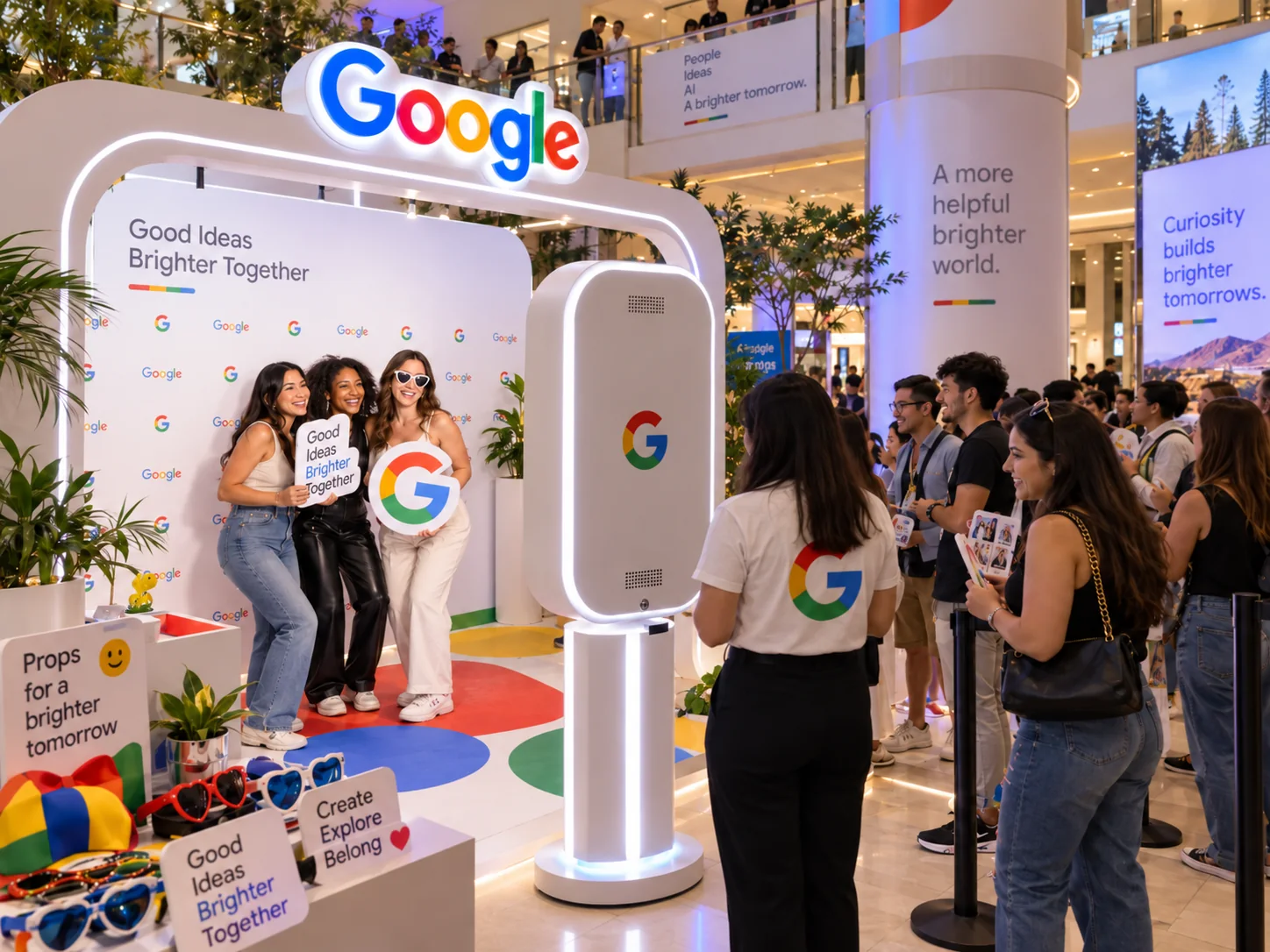 Google Brighter Together photo booth event: guests with branded props at a custom photo booth arch in a mall atrium