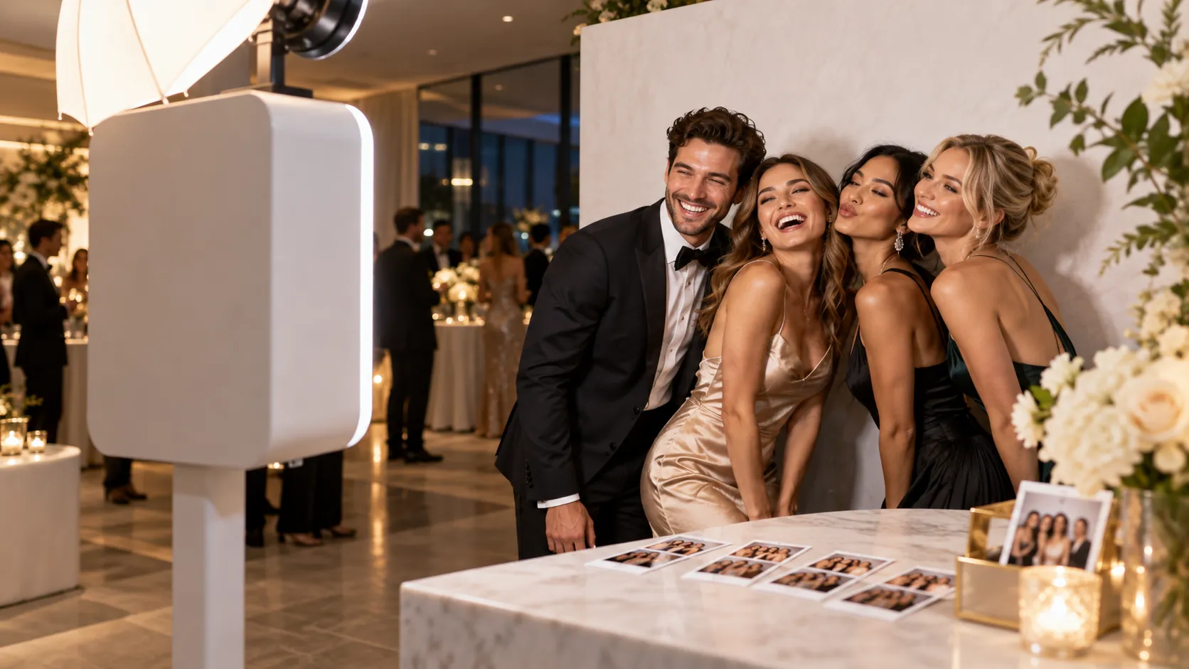 Guests in formal wear laughing at a white photo booth at an elegant evening event, with printed photo strips on a marble table