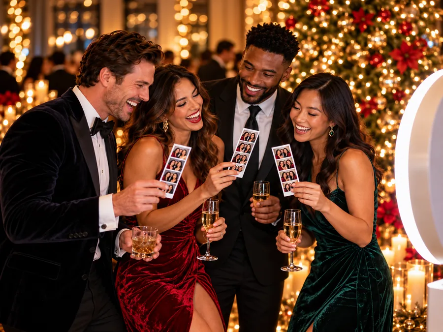 Guests in velvet evening wear sharing photo strips beside a white photo booth at a holiday event