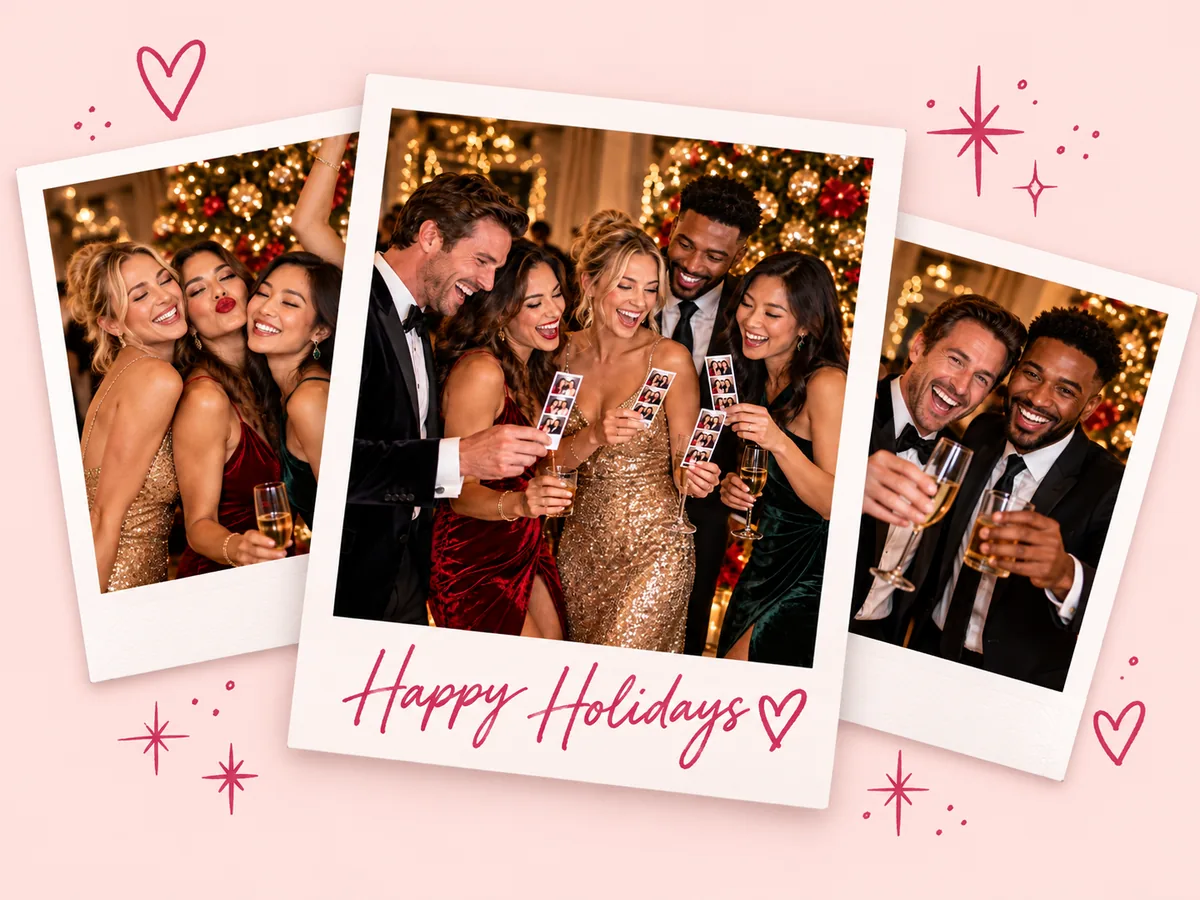 Three instant photos of guests celebrating at a holiday party, one captioned Happy Holidays