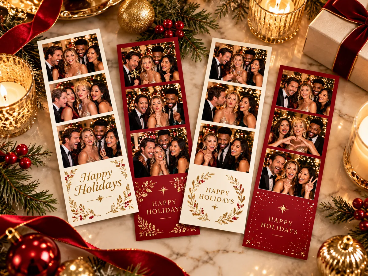 Custom Happy Holidays photo booth strips in cream and red with gold leaf designs