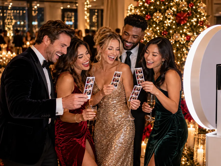 Friends in sequins and velvet laughing over photo strips at a festive celebration