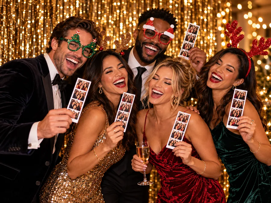 Coworkers in Christmas tree glasses and reindeer antlers holding photo booth strips