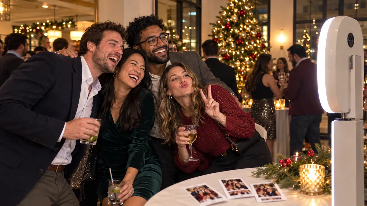 Colleagues laughing at a photo booth at a holiday party