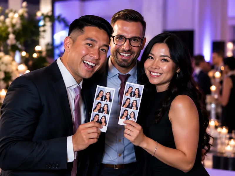Three colleagues in business attire holding photo strips at a corporate event