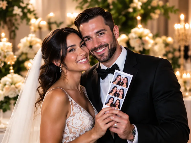 Bride and groom holding a photo booth strip at a candlelit wedding reception