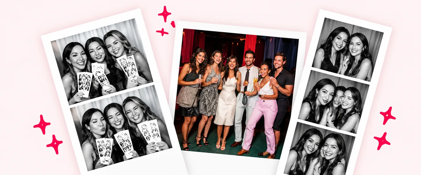 Instant photo prints from photo booth sessions: black-and-white strips and a colour group photo