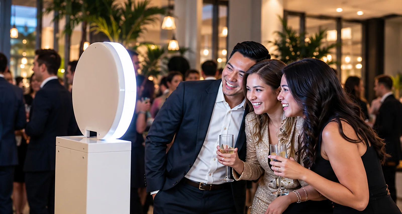 Guests smiling at a round white photo booth at a corporate evening event