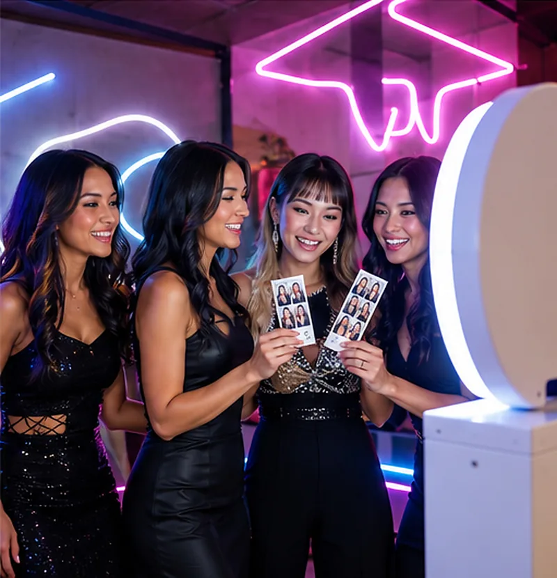 Guests holding photo strips at a photo booth under pink and blue neon lights