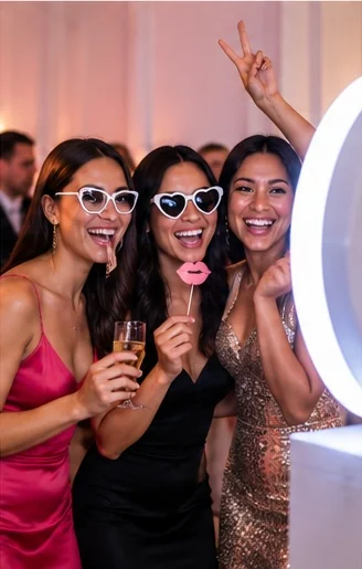 Friends with heart sunglasses and props at a private party photo booth
