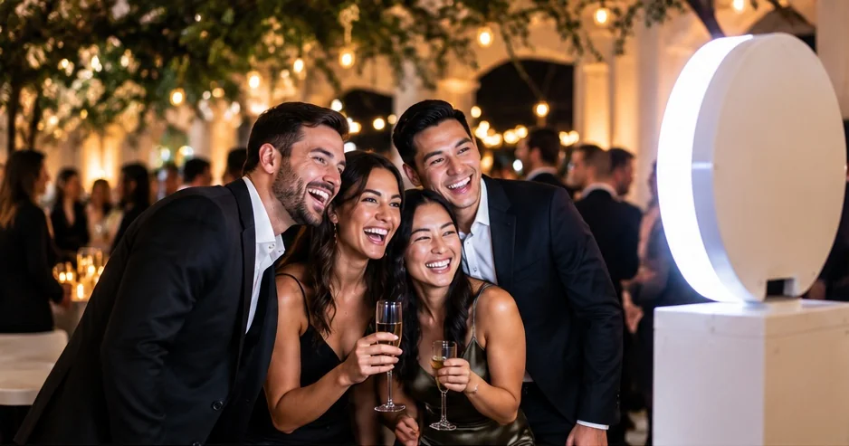 Friends laughing with champagne beside a white photo booth at an evening party