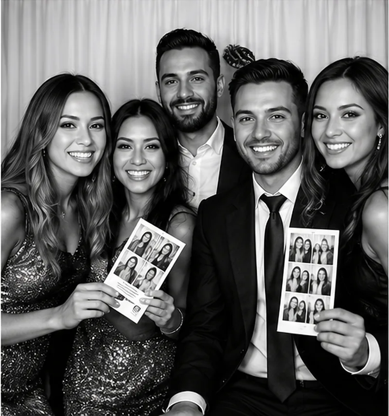 Signature package: black-and-white glam photo booth portrait of guests holding prints