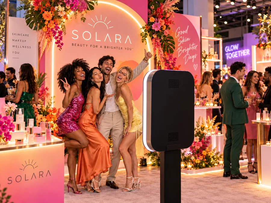 Solara Glow Together beauty party: guests posing at a branded photo booth in front of a floral backdrop