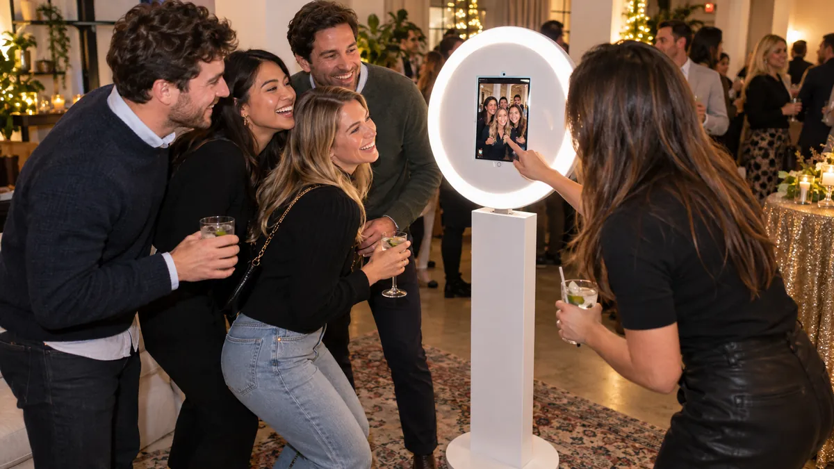 Friends using The Social ring-light drop-off photo booth at a party