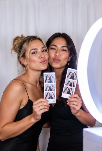 Two wedding guests holding photo booth strips beside a white ring-light booth