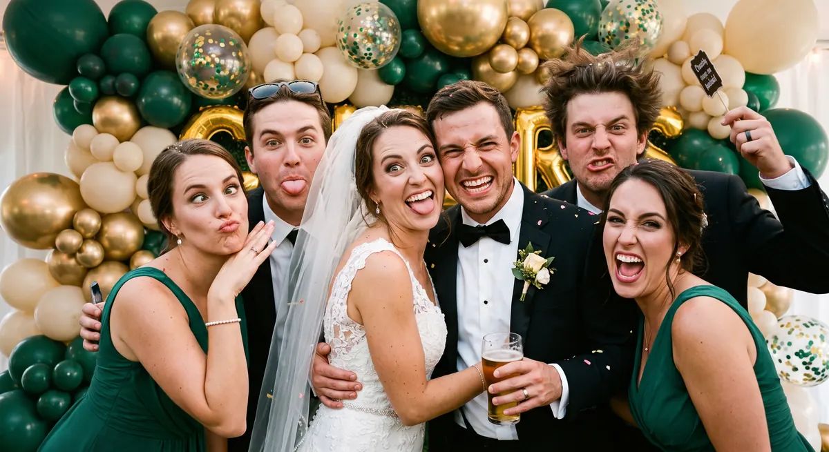 Wedding party posing at a photo booth with a balloon wall