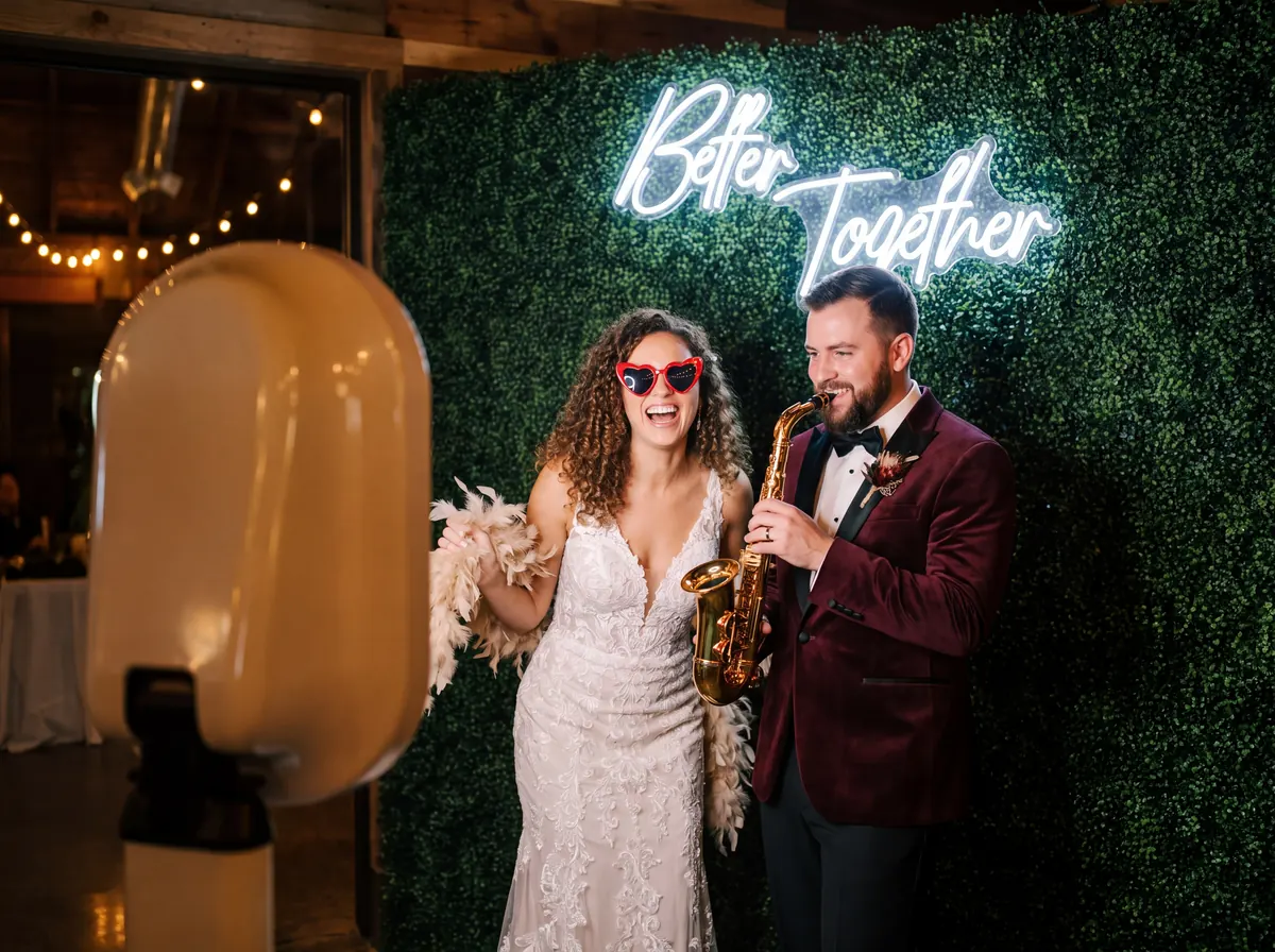 Guests at a wedding photo booth with a Better Together neon sign